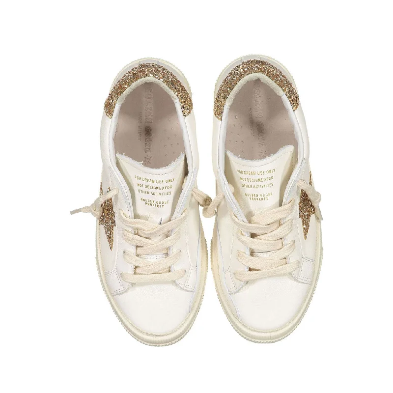 making it smoother and more shiny.Golden Goose White/Gold May Upper Glitter Sneakers