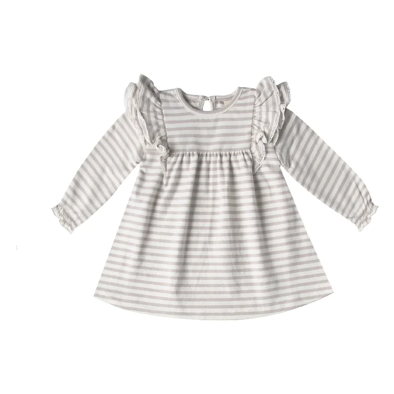 Quincy Mae Longsleeve Flutter Dress - Fog Stripe